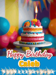 Happy Birthday Caleb GIF: A birthday card gif with a cake and candle and a blue ribbon with animated sparklers. Reads Happy Birthday Name