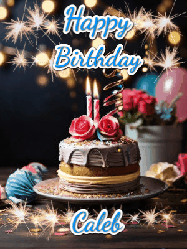 Happy Birthday Caleb GIF: Sparkles and glitter happy birthday gif with a cake and flickering candles and sparklers behind the words happy birthday customize