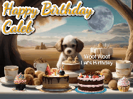 Happy Birthday Caleb GIF: Animated birthday gif with a dog at a fancy birthday table loaded with cakes as hearts appear. It reads Happy Birthday Customize.