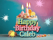 Happy Birthday Caleb GIF: A colorful animated Happy Birthday Cake GIF with swirling sparkles and flickering candles. It reads Happy Birthday Name