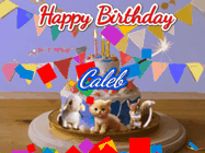 Happy Birthday Caleb GIF: Happy Birthday Cake GIF with a cat, lamb, and squirrel on the cake with flickering candles, a sparkler, and falling confetti. Reads Happy Birthday Name and you can customize the name
