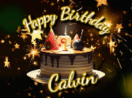 Happy Birthday Calvin GIF: Bursting stars fall past a birthday cake in this animated birthday gif with name you can customize. Dark background.