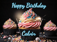 Happy Birthday Calvin GIF: A delicious cupcake gif with animated sparkles reading Happy Birthday with a name to customize