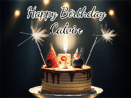 Happy Birthday Calvin GIF: Animated birthday cake gif with sparklers on a dark background. Personalize up to 3 lines of text.