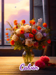 Happy Birthday Calvin GIF: A vase of flowers and animated hearts pop in and out as the words Happy Birthday Name appears that you can customize