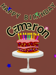 Happy Birthday Cameron GIF: Animated birthday gif of a chocolate cartoon cake and stars. Animated text can be customized with name.