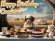 Happy Birthday Cameron GIF: Animated birthday gif with a dog at a fancy birthday table loaded with cakes as hearts appear. It reads Happy Birthday Customize.