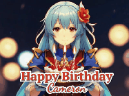 Happy Birthday Cameron GIF: Anime girl holding a birthday cake and an animated sword falls into it. Text reads Happy Birthday Customize