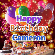 Happy Birthday Cameron GIF: Animated happy birthday gif on a bright red glittery background and 3 lines of text reading Happy Birthday Customize