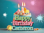 Happy Birthday Cameron GIF: A colorful animated Happy Birthday Cake GIF with swirling sparkles and flickering candles. It reads Happy Birthday Name