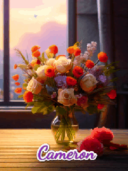 Happy Birthday Cameron GIF: A vase of flowers and animated hearts pop in and out as the words Happy Birthday Name appears that you can customize