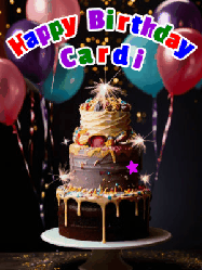 Happy Birthday Cardi GIF: Beautiful birthday cake animated gif, a celebration of balloons, confetti, and sparklers. Customize banner and name.