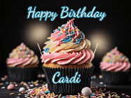 Happy Birthday Cardi GIF: A delicious cupcake gif with animated sparkles reading Happy Birthday with a name to customize