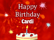 Happy Birthday Cardi GIF: A bright red happy birthday gif animated with a cake candle, and glitter and sparkles. Customize with name.