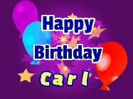 Happy Birthday Carl GIF: A lovely purple birthday gif animated with moving text, a balloon, and bubbles. Customize it.