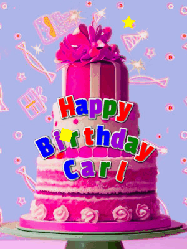 Happy Birthday Carl GIF: A big beautiful birthday cake gif with falling confetti, sparklers, and balloons, reads Happy Birthday Name. Customize it.