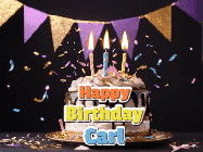 Happy Birthday Carl GIF: Happy birthday cake animated gif with flickering candles, animated text, and falling confetti. Customize text reading Happy Birthday Customize.