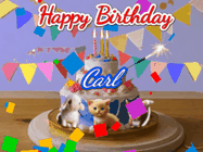 Happy Birthday Carl GIF: Happy Birthday Cake GIF with a cat, lamb, and squirrel on the cake with flickering candles, a sparkler, and falling confetti. Reads Happy Birthday Name and you can customize the name