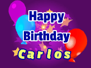Happy Birthday Carlos GIF: A lovely purple birthday gif animated with moving text, a balloon, and bubbles. Customize it.