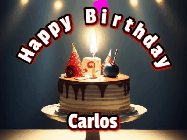 Happy Birthday Carlos GIF: Animated happy birthday gif with a cake and flickering candles with colorful falling confetti and text reading Happy Birthday