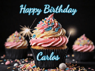 Happy Birthday Carlos GIF: A delicious cupcake gif with animated sparkles reading Happy Birthday with a name to customize