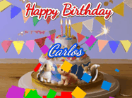 Happy Birthday Carlos GIF: Happy Birthday Cake GIF with a cat, lamb, and squirrel on the cake with flickering candles, a sparkler, and falling confetti. Reads Happy Birthday Name and you can customize the name