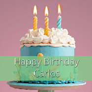Happy Birthday Carlos GIF: Sparkles fly over a birthday cake that has 3 flickering candles, text in a colored band read Happy Birthday Name.