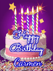Happy Birthday Carmen GIF: Happy birthday animated gif of a brightly lit birthday cake, birthday candles, and falling confetti. Customize name.