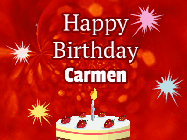 Happy Birthday Carmen GIF: A bright red happy birthday gif animated with a cake candle, and glitter and sparkles. Customize with name.