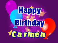 Happy Birthday Carmen GIF: A lovely purple birthday gif animated with moving text, a balloon, and bubbles. Customize it.