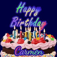 Happy Birthday Carmen GIF: A dark blue birthday gif with a beautiful cake with flickering candles, background sparkles and a name to customize.
