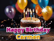 Happy Birthday Carmen GIF: A birthday cake with flickering candles gif with text reading Happy Birthday and a Name slot to customize