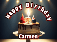 Happy Birthday Carmen GIF: Animated happy birthday gif with a cake and flickering candles with colorful falling confetti and text reading Happy Birthday