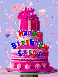 Happy Birthday Carol GIF: A big beautiful birthday cake gif with falling confetti, sparklers, and balloons, reads Happy Birthday Name. Customize it.