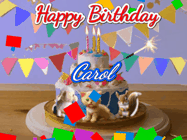 Happy Birthday Carol GIF: Happy Birthday Cake GIF with a cat, lamb, and squirrel on the cake with flickering candles, a sparkler, and falling confetti. Reads Happy Birthday Name and you can customize the name