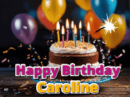 Happy Birthday Caroline GIF: A birthday cake with flickering candles gif with text reading Happy Birthday and a Name slot to customize
