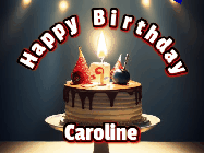Happy Birthday Caroline GIF: Animated happy birthday gif with a cake and flickering candles with colorful falling confetti and text reading Happy Birthday