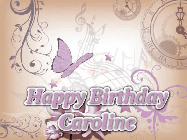 Happy Birthday Caroline GIF: Classical birthday gif background with colorful musical notes floating past and a name you can customize, reads Happy Birthday.