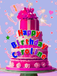 Happy Birthday Caroline GIF: A big beautiful birthday cake gif with falling confetti, sparklers, and balloons, reads Happy Birthday Name. Customize it.