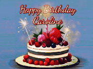Happy Birthday Caroline GIF: Animated GIF of a birthday cake covered in berries with 2 sparklers and a candle, reads Happy Birthday Name. Customize it.