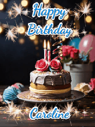 Happy Birthday Caroline GIF: Sparkles and glitter happy birthday gif with a cake and flickering candles and sparklers behind the words happy birthday customize