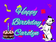 Happy Birthday Carolyn GIF: Silly happy birthday gif with a cute dog in a corner and rainbow animation confetti. Birthday cake in order with candle.