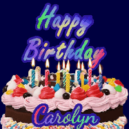 Happy Birthday Carolyn GIF: A dark blue birthday gif with a beautiful cake with flickering candles, background sparkles and a name to customize.