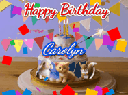 Happy Birthday Carolyn GIF: Happy Birthday Cake GIF with a cat, lamb, and squirrel on the cake with flickering candles, a sparkler, and falling confetti. Reads Happy Birthday Name and you can customize the name
