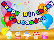 Happy Birthday Cassandra GIF: Animated happy birthday gif with a party balloon background, a row of cupcakes, and birthday banner to customize.