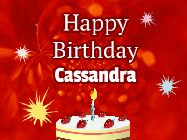 Happy Birthday Cassandra GIF: A bright red happy birthday gif animated with a cake candle, and glitter and sparkles. Customize with name.