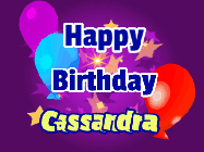 Happy Birthday Cassandra GIF: A lovely purple birthday gif animated with moving text, a balloon, and bubbles. Customize it.