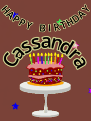 Happy Birthday Cassandra GIF: Animated birthday gif of a chocolate cartoon cake and stars. Animated text can be customized with name.