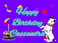 Happy Birthday Cassandra GIF: Silly happy birthday gif with a cute dog in a corner and rainbow animation confetti. Birthday cake in order with candle.