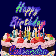 Happy Birthday Cassandra GIF: A dark blue birthday gif with a beautiful cake with flickering candles, background sparkles and a name to customize.